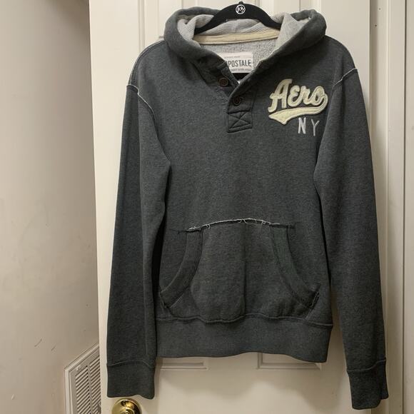 Aeropostale 87 Aero NY Gray Fleece Henley Hoodie Sweatshirt Men’s Small Y2K - Picture 1 of 7